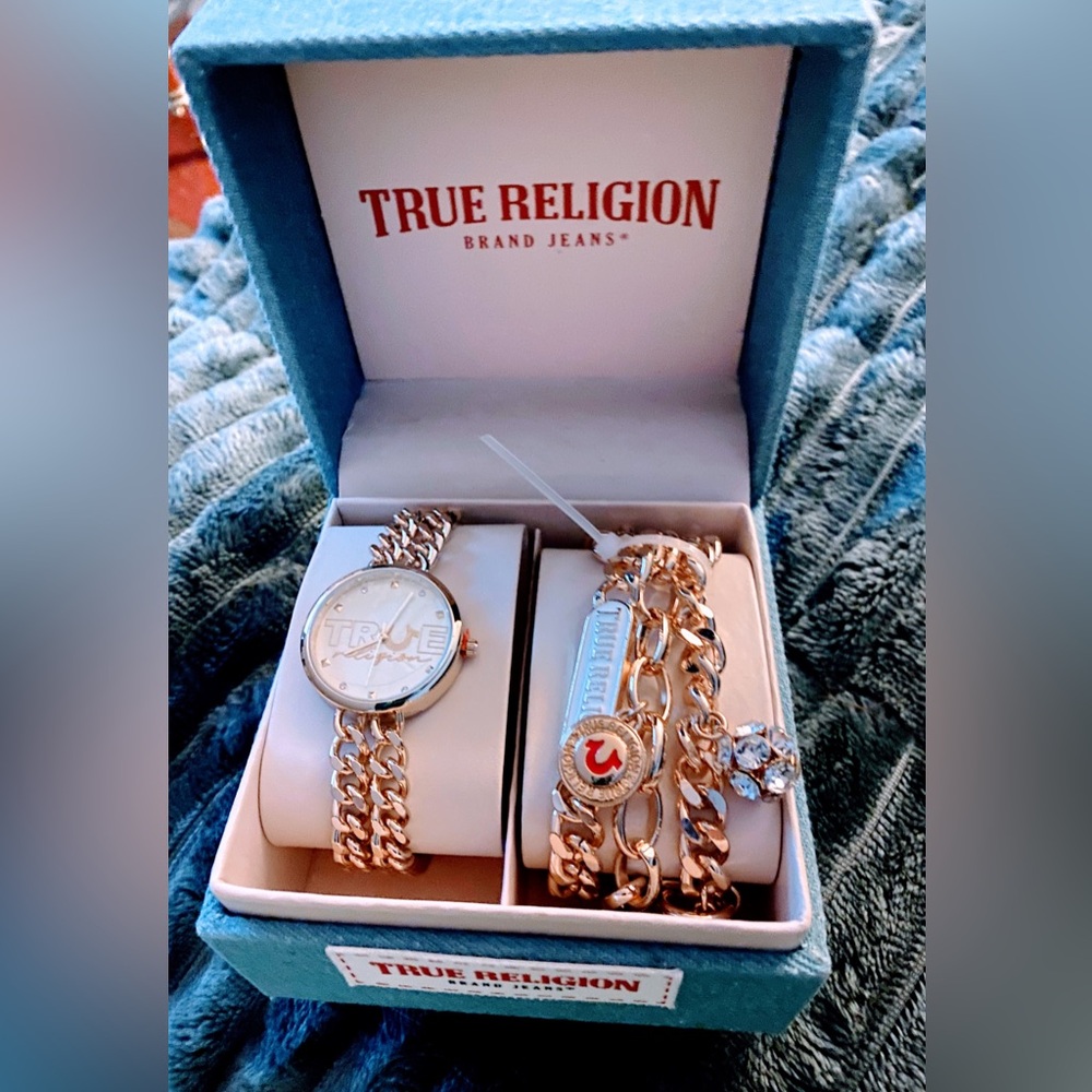 True Religion Gold Watch and Bracelet Stack with Crystal Accents